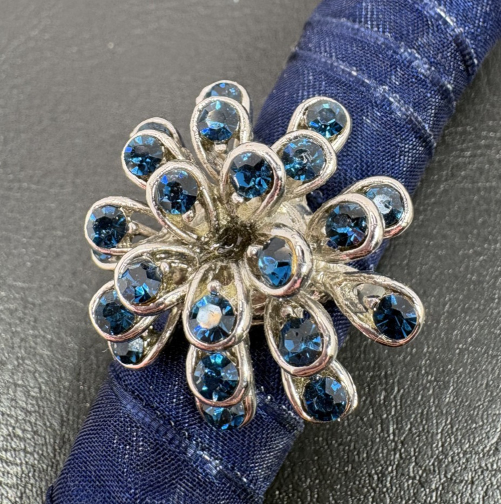 Vintage Blue Rhinestone Cluster Cocktail Ring Silver Tone Starburst Statement 7